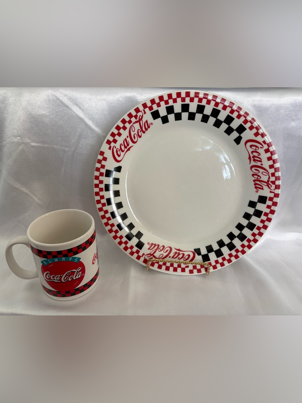3 plates and cups, Coca Cola Red, Black & White Checker Plate and Mug Set